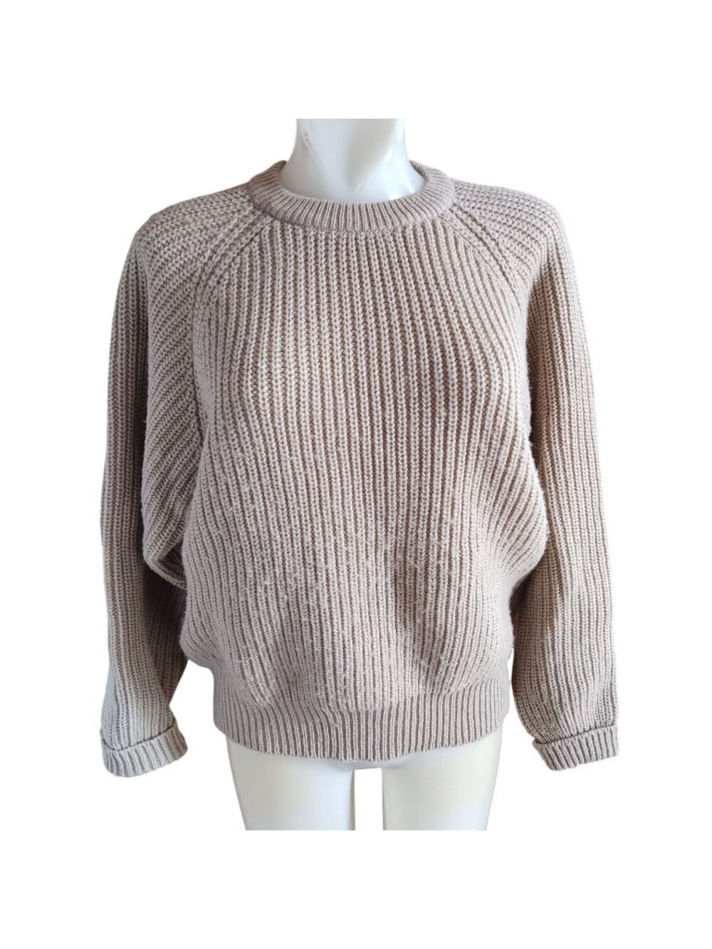 Vintage Women's Sweater Pichet & Post Petite Beige Ribbed Crewneck 1990's 12/14